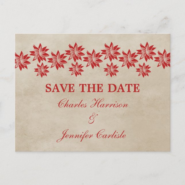 Red Floral Vintag Save the Date Postkarte (Vorderseite)