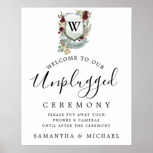 Red Floral Wappen Unplugged Wedding Zeremony Sign Poster