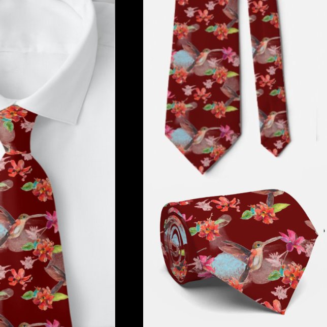 Red Floral Watercolor Hummingbird Blume Neck Tie Krawatte (Von Creator hochgeladen)