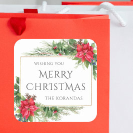 Red Floral Watercolor Weihnachtsfeiertag Quadratischer Aufkleber