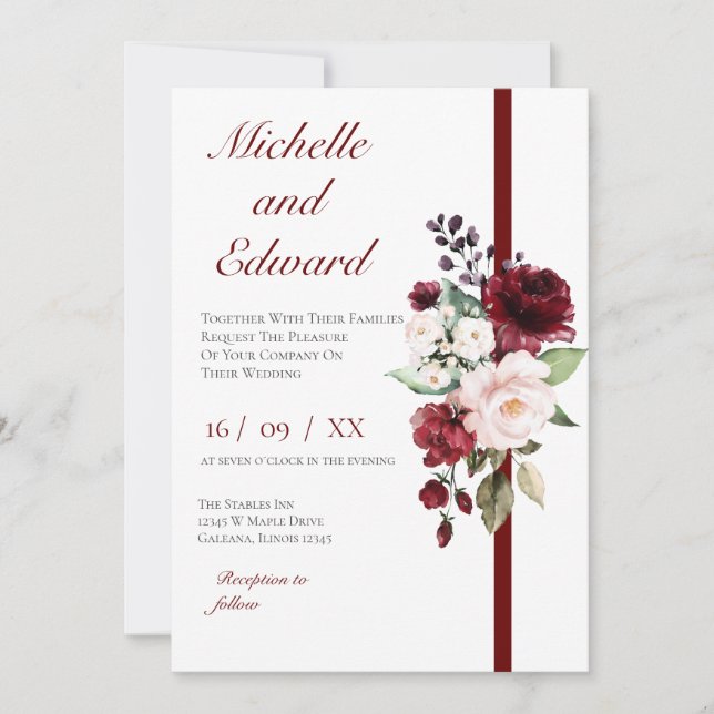 Red Floral Wedding Invitation Einladung (Vorderseite)