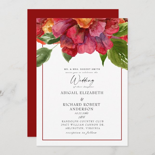 Red Floral Wedding Toskana Bold Eltern Einladung (Vorne/Hinten)