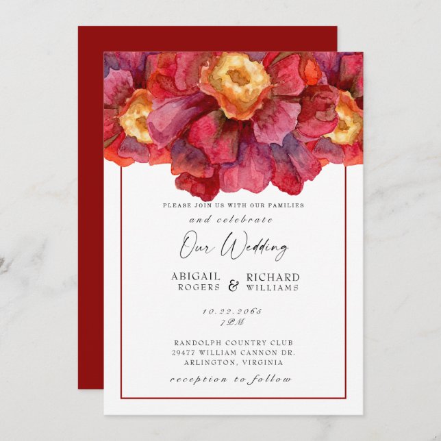 Red Floral Wedding Toskana Bold und lebendiger Inv Einladung (Vorne/Hinten)