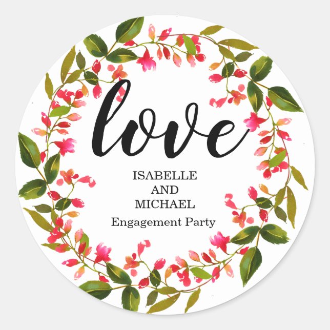 Red Floral Wreath Personalisierte Engagement Party Runder Aufkleber (Vorderseite)