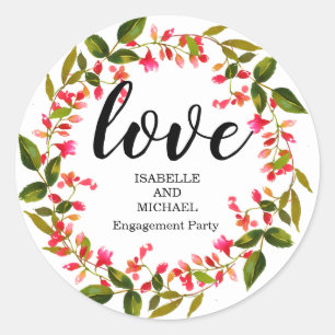 Red Floral Wreath Personalisierte Engagement Party Runder Aufkleber