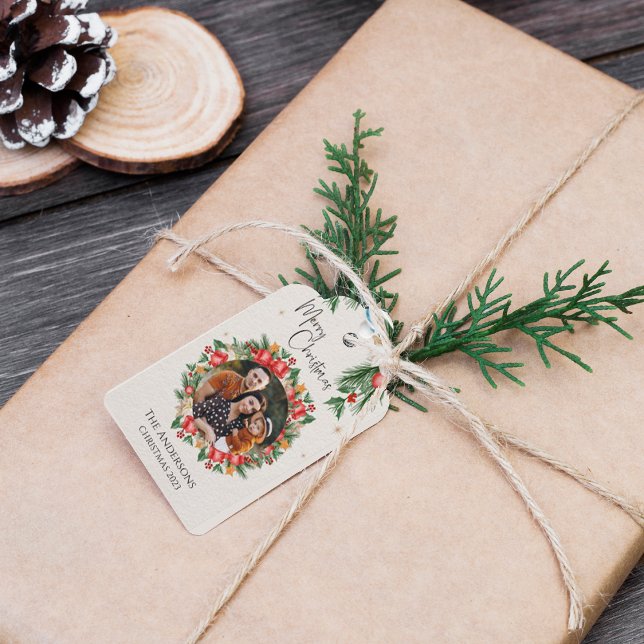 Red Florals Family Foto Frohe Weihnachten Geschenkanhänger (Red Florals Family Photo Merry Christmas Gift Tags)