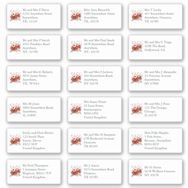 Red Florals Individuelle Anschrift des Gastes Hoch Aufkleber (Vorderseite)