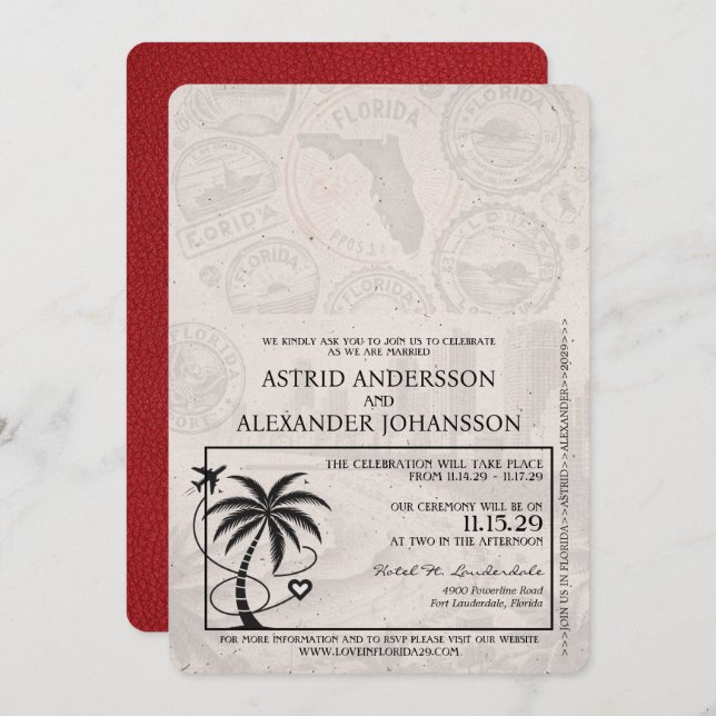 Red Florida Passport Hochzeitseinladung Einladung (Vorne/Hinten)