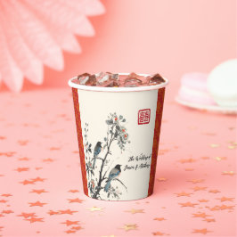 Red flower bird oriental Chinese wedding Pappbecher