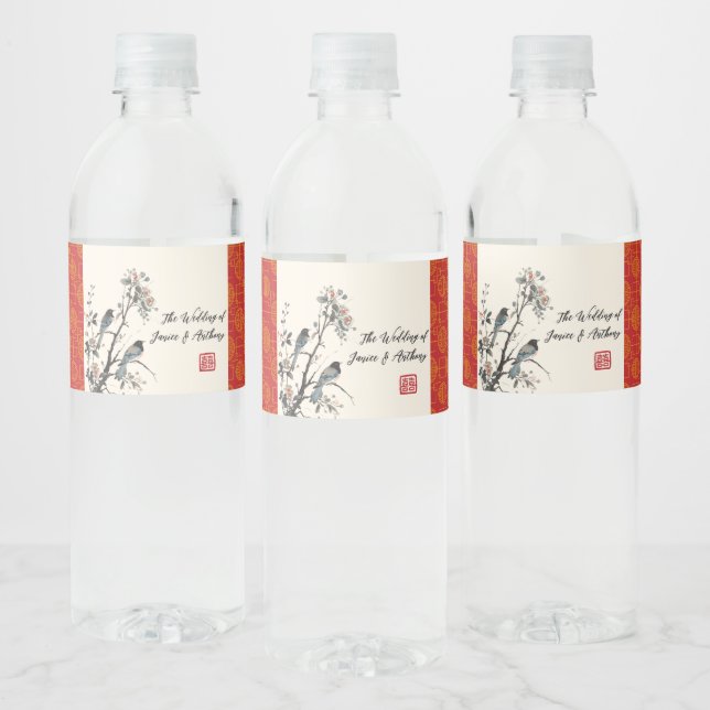 Red flower birds oriental Chinese wedding  Wasserflaschenetikett (Flaschen)