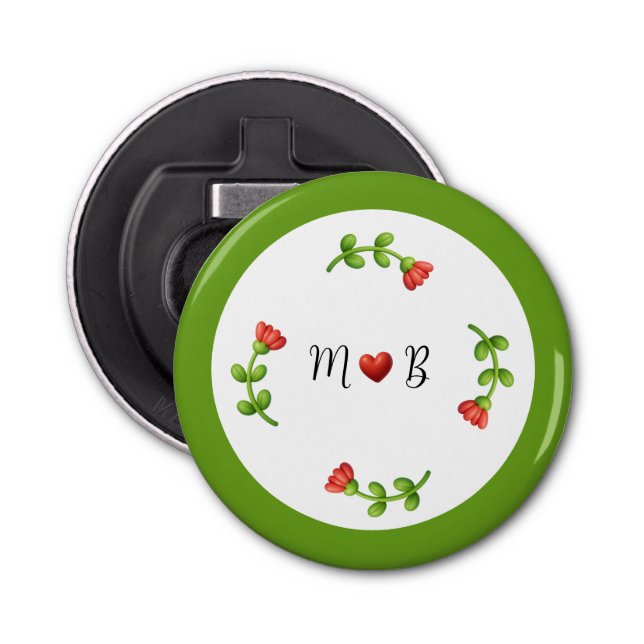 Red Flower Bottle Opener with Heart and Initials Flaschenöffner (Vorderseite)