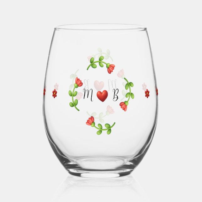 Red Flower Heart Monogram Stemless Glass Weinglas Ohne Stiel (Vorderseite)