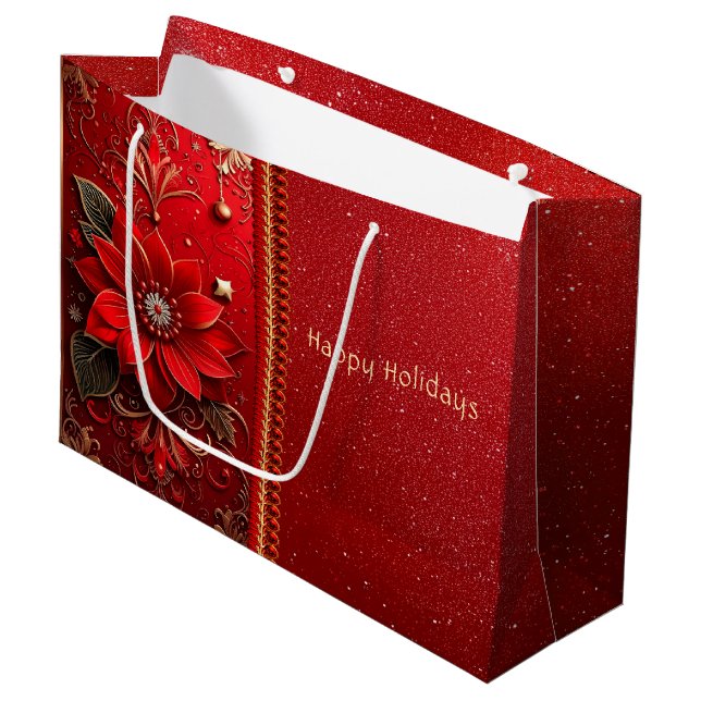 Red Flower Holiday Gift Bag Große Geschenktüte (Vorderseite Schrägansicht)
