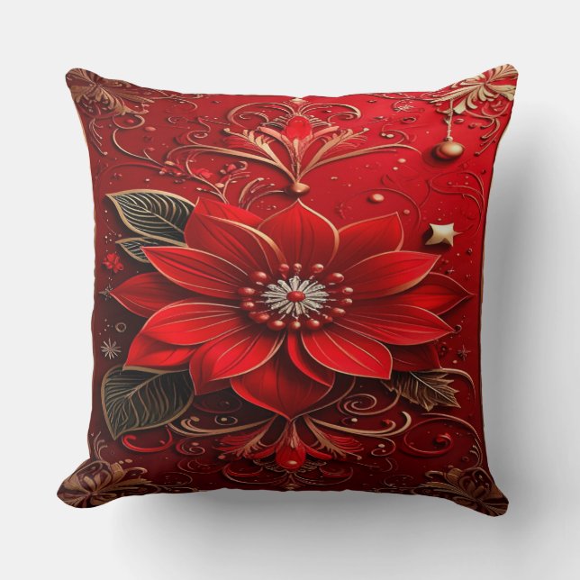 Red Flower Holiday Throw Pillow Kissen (Vorderseite)