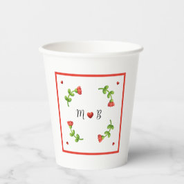 Red Flower Paper Cups with Heart and Initials Pappbecher