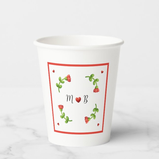 Red Flower Paper Cups with Heart and Initials Pappbecher (Vorderseite)