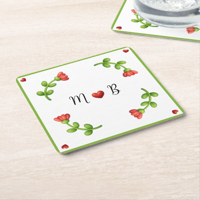 Red Flower Paper – Initials and Heart Design Rechteckiger Pappuntersetzer (angewinkelt)