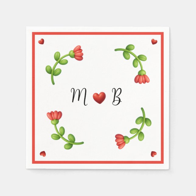 Red Flower Paper Napkins – Personalized Monogram Serviette (Vorderseite)