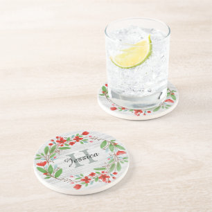 Red Flower Wreath Rustic Personalised Getränkeuntersetzer