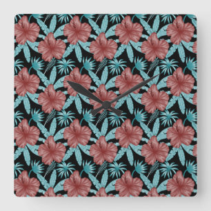 Red flowers tropical seamless pattern &blue leaves quadratische wanduhr
