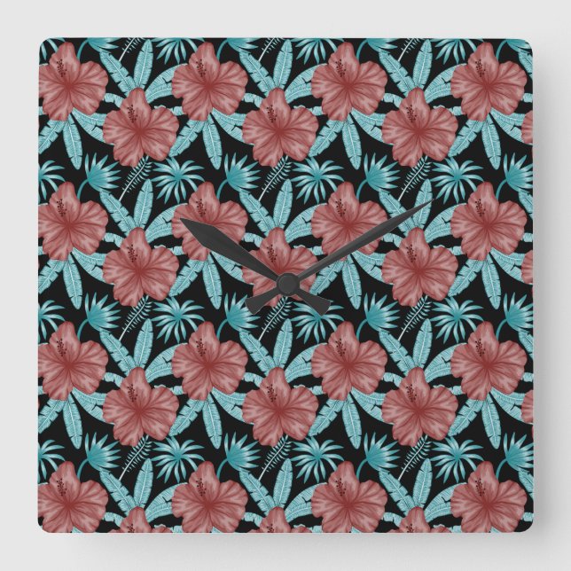 Red flowers tropical seamless pattern &blue leaves quadratische wanduhr (Vorderseite)