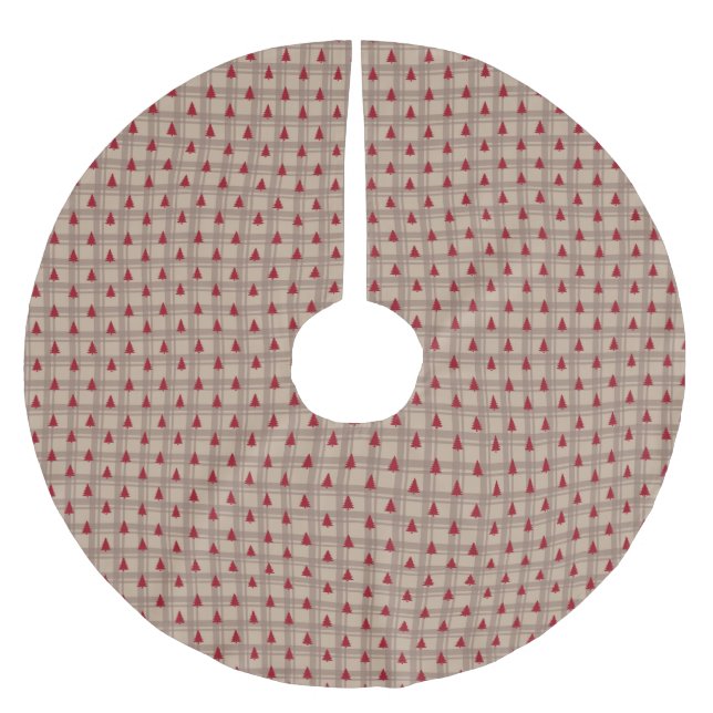 Red Forest Rows on Warm Beige Grid Polyester Weihnachtsbaumdecke (Vorderseite)