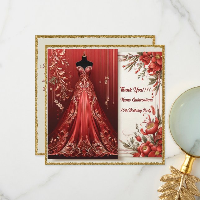 Red Formal Long Dress Quinceañera Dankeskarte (Vorderseite/Rückseite Beispiel)