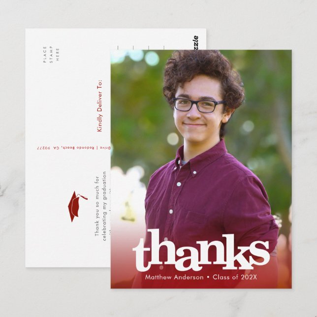 Red Foto Abschluss fett Typografie danke Postkarte (Vorne/Hinten)