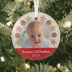 Red Foto First Christmas Baby Boy Cookie Wreath Ornament Aus Glas