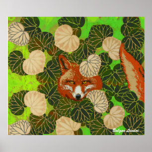 RED FOX AMONG THE GREEN LEAVES AND FOLIAGE POSTER