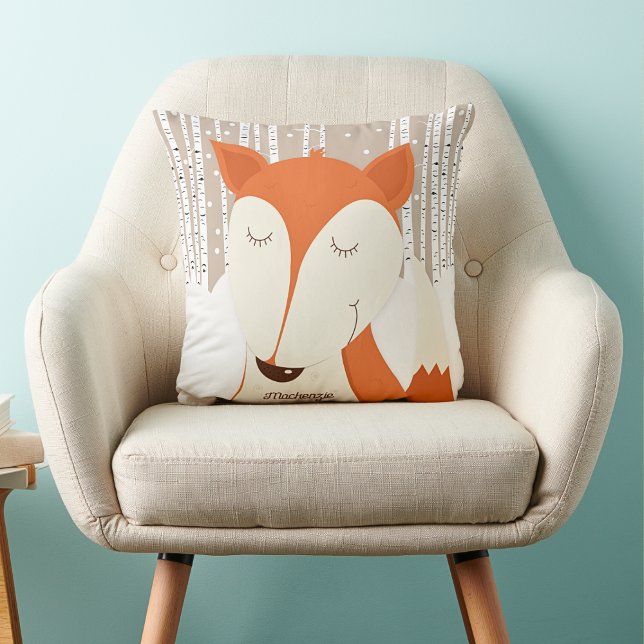 Red Fox Birch Tree Winter Woodland Kissen (Red Fox Pillow with Neutral Birch Trees)