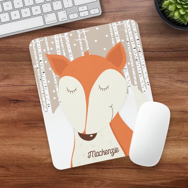 Red Fox Birch Tree Winter Woodland Mousepad (Red Fox Birch Tree Mousepad)