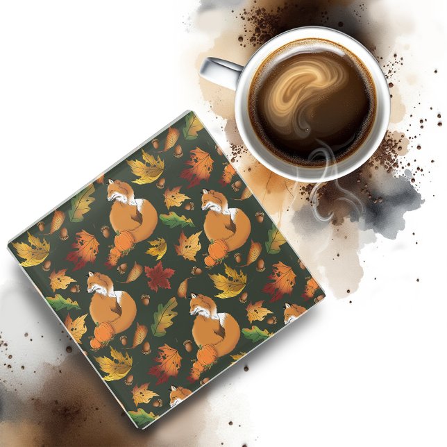 Red Fox Blätter Acorns Green Glasuntersetzer (Von Creator hochgeladen)