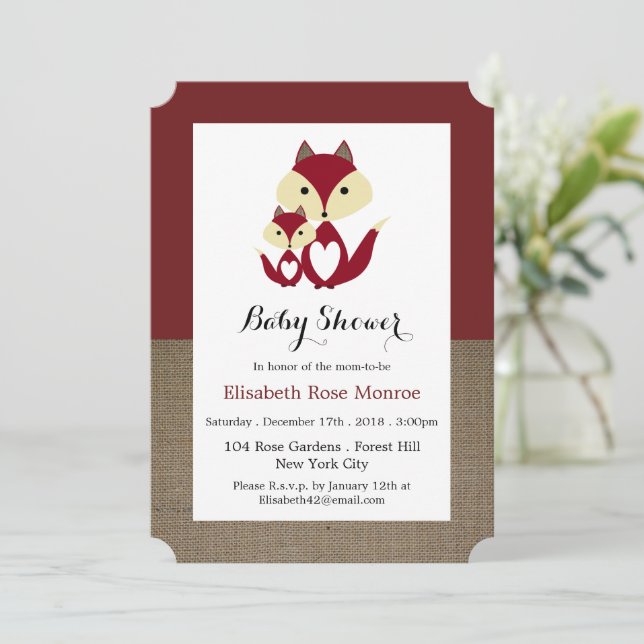 Red Fox Burlap Baby Dusche Einladung (Stehend Vorderseite)