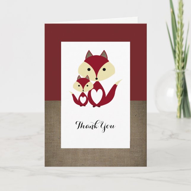Red Fox Burlap Baby Dusche Vielen Dank Dankeskarte (Vorderseite)