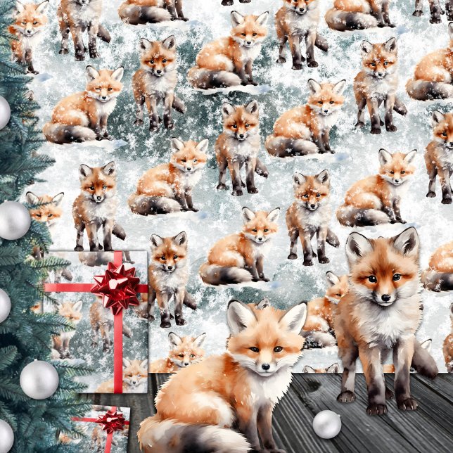 Red Fox Cubs Snowy Winter Scene Geschenkpapier (Red Fox Cubs Snowy Winter Scene Wrapping Paper Rolls)