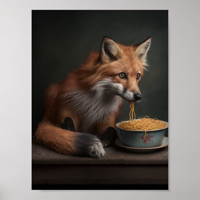 Red Fox essen eine Schüssel Spaghetti Poster (Vorne)