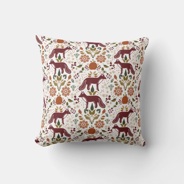 Red Fox Folk Art Pillow Rustic Fall Harvest Kissen (Vorderseite)