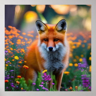 Red Fox im Bereich der Wildblumen Poster