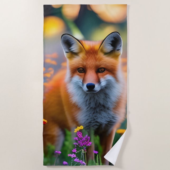 Red Fox im Bereich der Wildblumen Strandtuch (Vorderseite)