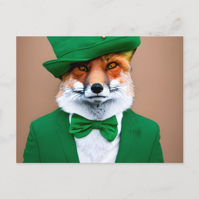 Red Fox in einem grünen St. Patrick's Day Anzug Postkarte (Vorderseite)
