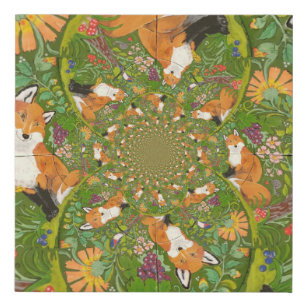 Red Fox in Green Floral Folk Art Fraktal faszinier Künstlicher Leinwanddruck