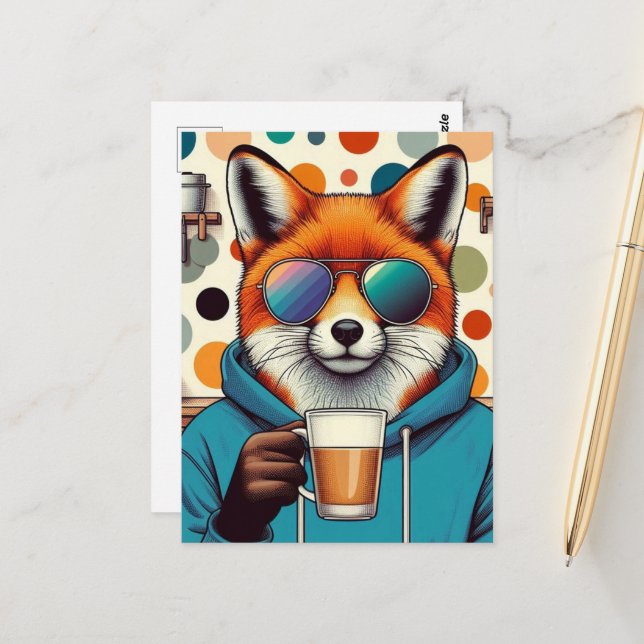 Red Fox in Sonnenbrille mit einem Kaffee Postkarte (Vorderseite/Rückseite Beispiel)