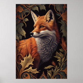 Red Fox mit Blätter | Elegante Tierart Poster
