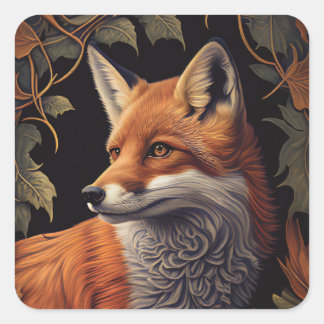 Red Fox mit Blätter | Elegante Tierart Quadratischer Aufkleber