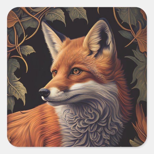 Red Fox mit Blätter | Elegante Tierart Quadratischer Aufkleber (Vorderseite)