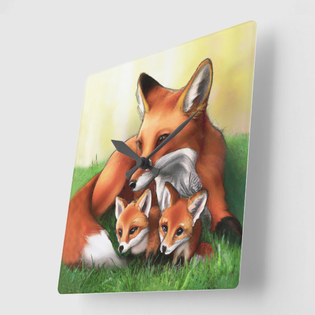 Red Fox Mutter und Kits im Gras Quadratische Wanduhr (Winkel)
