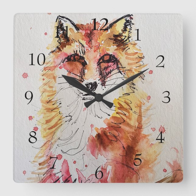 Red Fox Niedlich Art Whimsisches Wald Tier Quadratische Wanduhr (Vorderseite)