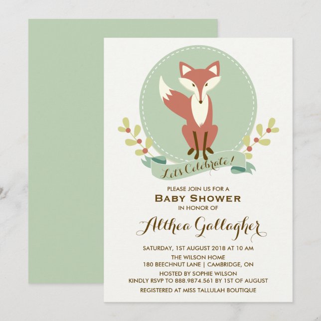 Red Fox Portrait Floral Baby Dusche Einladung (Vorne/Hinten)
