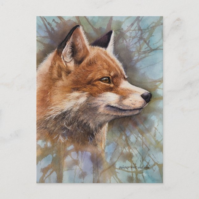 Red Fox Profil Portrait Wasserfarbe Hintergrundbil Postkarte (Vorderseite)